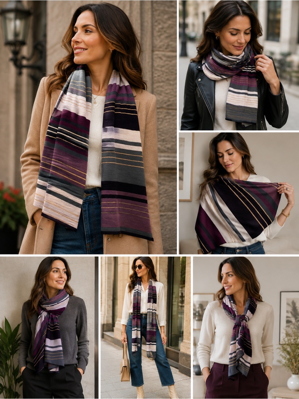 Banana Republic purple maroon gold gray striped lightweight scarf